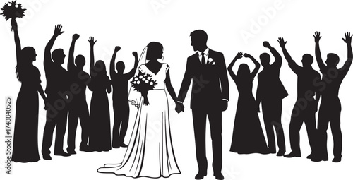 Elegant Black and White Wedding Couple and Cheering Crowd Silhouettes Vector