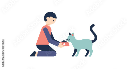 Illustration showcasing a person kneeling and feeding a light blue cat from a red bowl on a white background