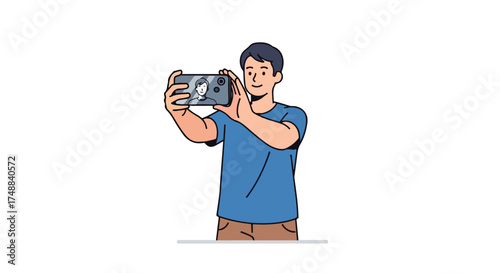 Young man taking a self-portrait with his smartphone, capturing memories with mobile technology for sharing on social media platforms