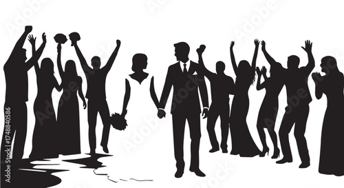 Black Silhouette Vector of Wedding Couple and Celebrating Guests