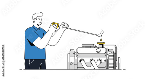 Illustrated mechanic checking car engine oil level with dipstick for vehicle maintenance and service inspection demonstrating routine automotive care