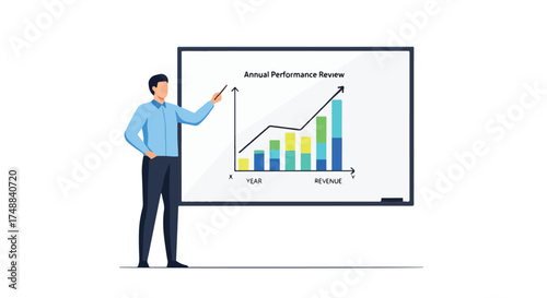 Presenter Explaining Company Performance on Whiteboard with Revenue Growth Displayed