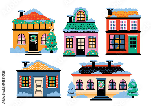 Winter holiday cute homes and Christmas houses in cartoon style. Buildings, feature decorated roofs, festive wreaths, illuminated windows. A cozy seasonal architectural composition for New Year cards.