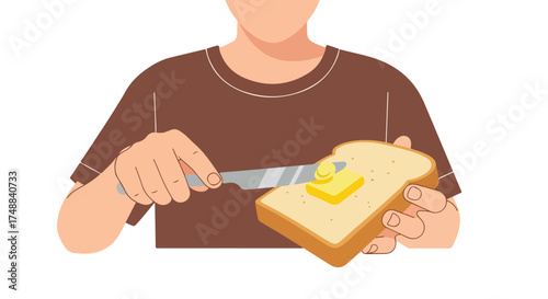 Illustration of a person spreading butter on a slice of toast, depicting a simple breakfast or snack preparation routine at home