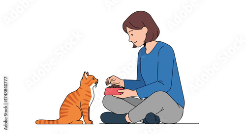 Illustration of a woman sitting cross-legged feeding an orange tabby cat from a pink bowl, emphasizing the bond between owner and pet in a simple