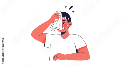 Person experiencing extreme heat or fever, wiping forehead with cloth to cool down sweating profusely, illustration portraying discomfort and