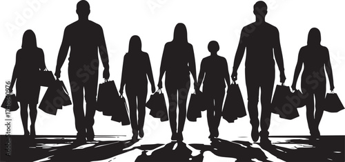 Black Silhouette People with Shopping Bags Walking on White Background