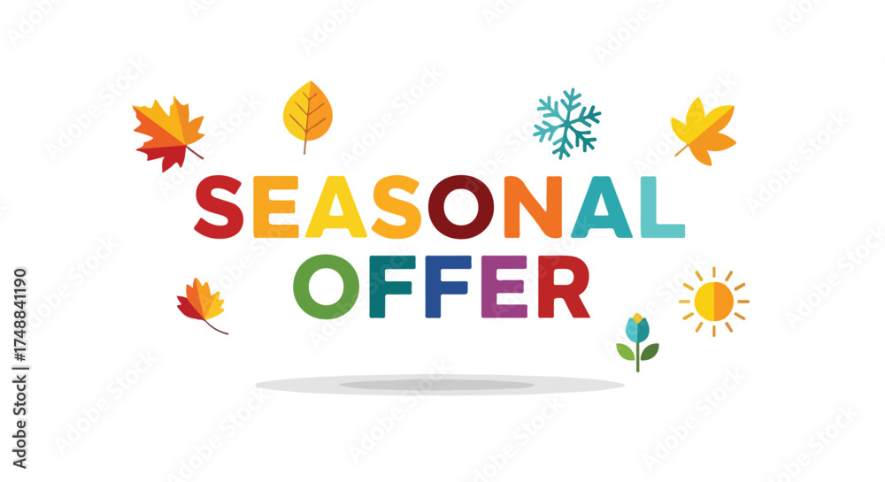 Fototapeta premium Vibrant seasonal offer promotion with stylized autumn leaves, snowflake, sun and flower icons arranged on a white background presenting special deals