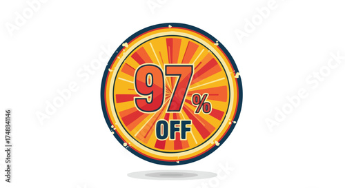 Retro promotional badge showcasing a ninety-seven percent discount announcement for shoppers bargain opportunity