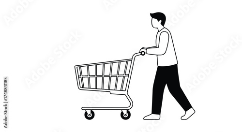 Monochrome Illustration: A Man Pushing an Empty Shopping Cart in a Retail Setting Cart