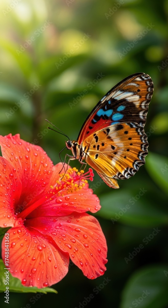Fototapeta premium Butterfly on red flower with green foliage and sunlight background