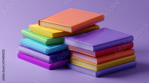 Wallpaper Mural Stacked, colorful hardback books arranged in piles on a purple background Torontodigital.ca