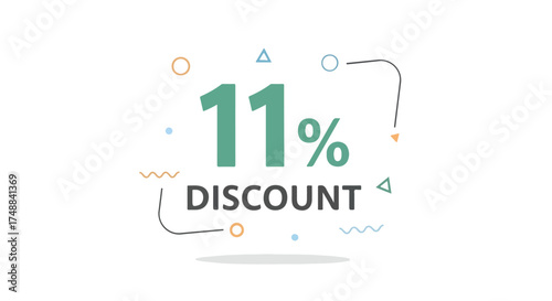 Promotional graphic displaying an eleven percent discount with playful geometric embellishments on a clean white background