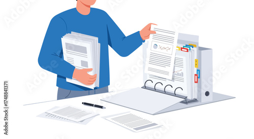 Illustrative professional organizing documents into a binder for efficiency and archival purposes meticulous compilation project management office