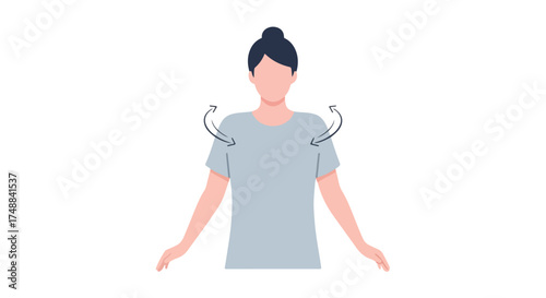 Illustrated woman demonstrating shoulder rotation exercise on white background for wellness concepts with directions for movement and muscle
