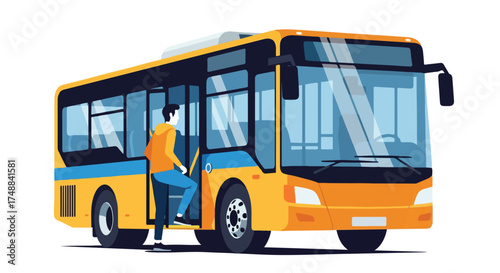 A passenger enters a modern yellow city bus, conveying themes of urban transit and contemporary public transportation infrastructure illustration