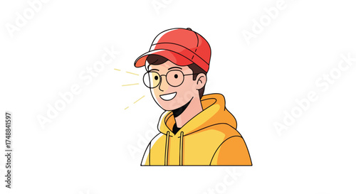 Optimistic young man illustration with yellow hoodie and cap on white background isolated style for social media content