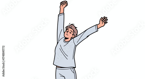 Morning Stretch: A Cartoon Illustration of a Man Awakening with Raised Arms Ready to Start the Day