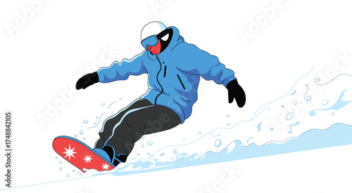 Dynamic Cartoon Snowboarder Carving Down Mountain Slope in Winter Scene – Extreme Sports Illustration for Active Recreation, Adventure Travel, and Snowboarding Enthusiast Concepts