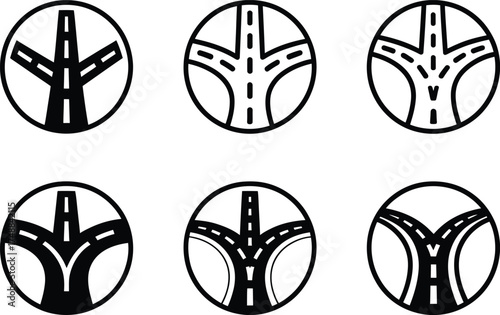 Collection of Road Intersection Icons in Circles
