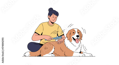 Dedicated owner brushing fluffy dog friend creating a happy grooming moment depicted in minimalist flat vector illustration style