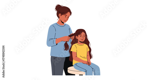 A heartwarming portrayal of a mother braiding her daughter's hair, showcasing a loving family moment of care and connection in a simple illustration