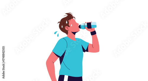 Illustration of a dehydrated athlete quenching thirst with a bottle of water after strenuous activity and refreshing himself