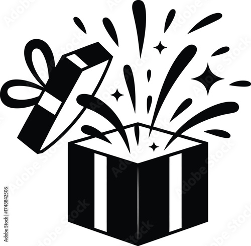 Open Gift Box with Explosive Confetti and Stars Icon