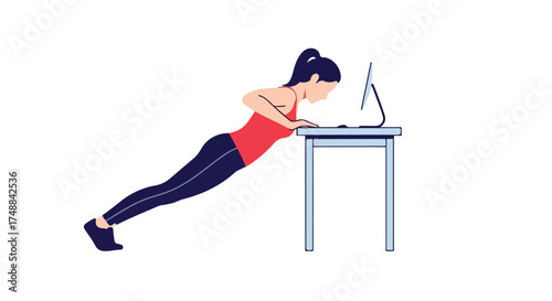 Active lifestyle concept with woman doing desk pushups near her workstation for fitness 59 characters
