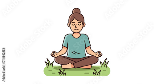 Cartoon of a woman meditating in a lotus position surrounded by grass promoting wellness and mindfulness creating a peaceful atmosphere outdoors in