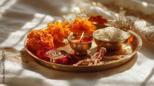 Bhai Dooj Festival Thali With Diyas, Sweets, And Roli Chawal On Golden Plate, Celebrating Indian Tradition Of Sibling Bond With Sacred Rituals And Festive Ambiance