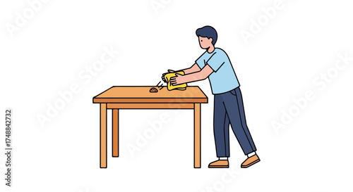 Person using a rag to clean a wooden table, showing diligence and care in maintaining a tidy and comfortable environment