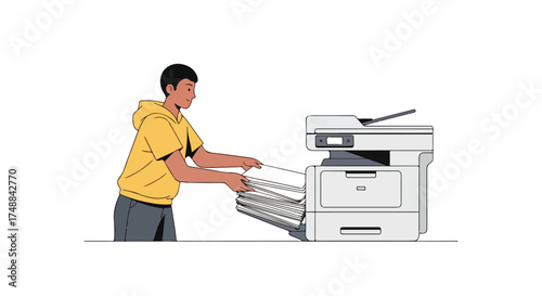 Illustration showcasing a young man loading paper into a modern office printer for a copying process in a bright and minimalist style