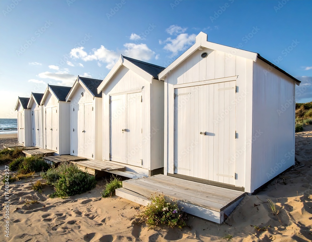 Obraz premium Row of bright white beach huts stands on the sandy shore, bathed in morning light.