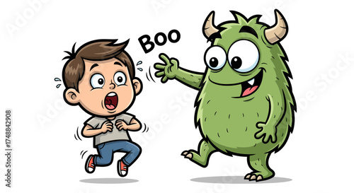 Cartoon illustration of a cute green monster playfully surprising a frightened little boy