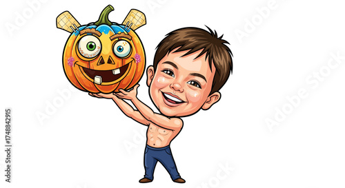 Adorable cartoon child caricature with a festive jack-o'-lantern for a happy Halloween celebration