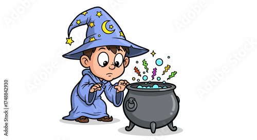 Adorable cartoon wizard child conjuring a mysterious, glowing potion in an old, bubbling cauldron