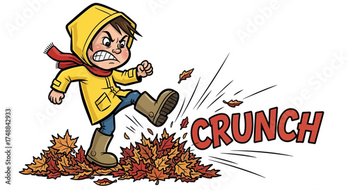 Angry Child in Yellow Raincoat Kicking a Pile of Autumn Leaves Making a Crunch Sound