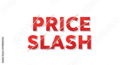 Vibrant red 'Price Slash' text art with stylized cuts, conveying discounts and promotional offers in a modern minimalistic design 165 characters