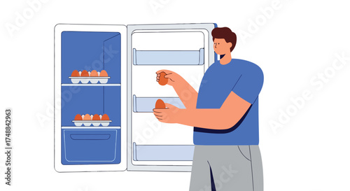 Man taking fresh eggs from a vibrant blue refrigerator for a morning breakfast preparation routine showcasing simple culinary tasks at home