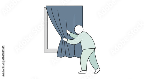 Illustration depicting a person closing window curtains for privacy or blocking sunlight inside a room at home design