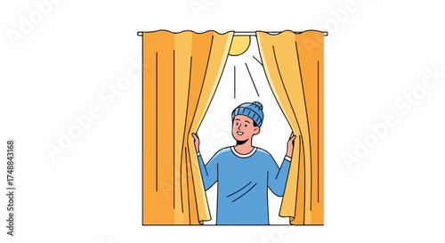 Cheerful awakening: Man unveils the morning sun behind golden drapes, radiating optimistic vibes, marking the start of a bright new day filled with