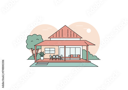 Cozy House Illustration with Garden and Outdoor Seating.