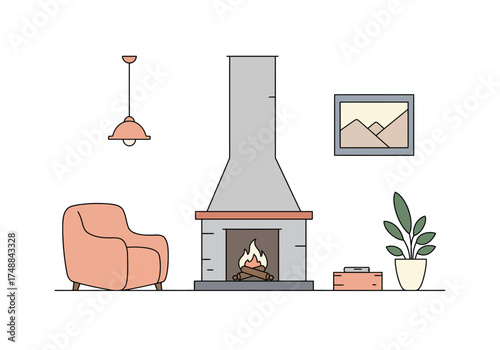 Cozy Living Room with Fireplace and Armchair Illustration.