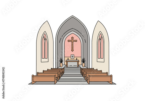 Church Interior Illustration with Pews and Cross.