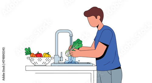 A Person meticulously washes leafy green vegetables at a kitchen sink, ensuring freshness and cleanliness, with bowl of other produce nearby