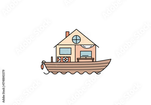 Cartoon Houseboat Floating on Water with Unique Design.