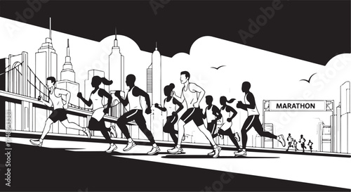Stylized Monochrome Marathon Race with City Skyline