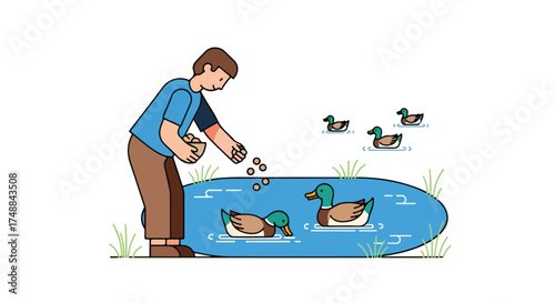 Illustration of a man feeding ducks at a pond offering a serene and leisurely moment with nature, showing care for wildlife in a charming