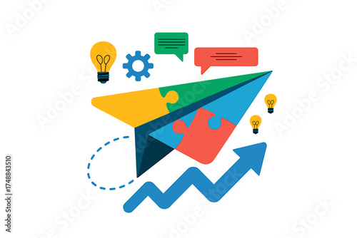 Paper airplane launching success strategy business growth idea bulb chart arrow